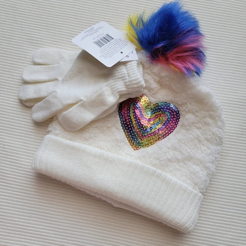 Fuzzy Rainbow Sequin Heart Hat and Glove Set